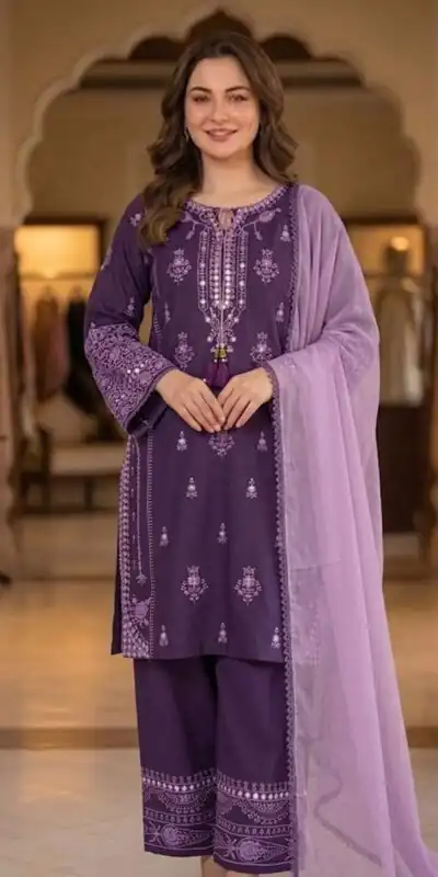 Pretty Purple Faux Georgette Mirror Embroidery Work Salwar Suit
