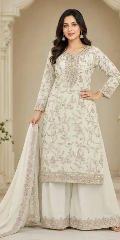 Pretty White Chinon Embroidery Multi Work Salwar Suit