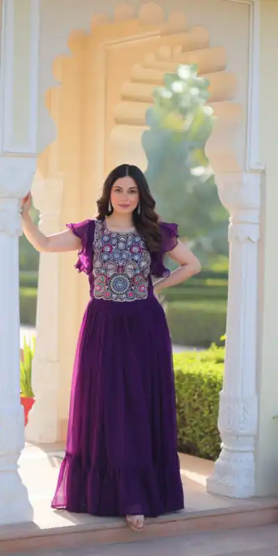 Alluring Purple Faux Blooming Embroidery Sequins Work Gown