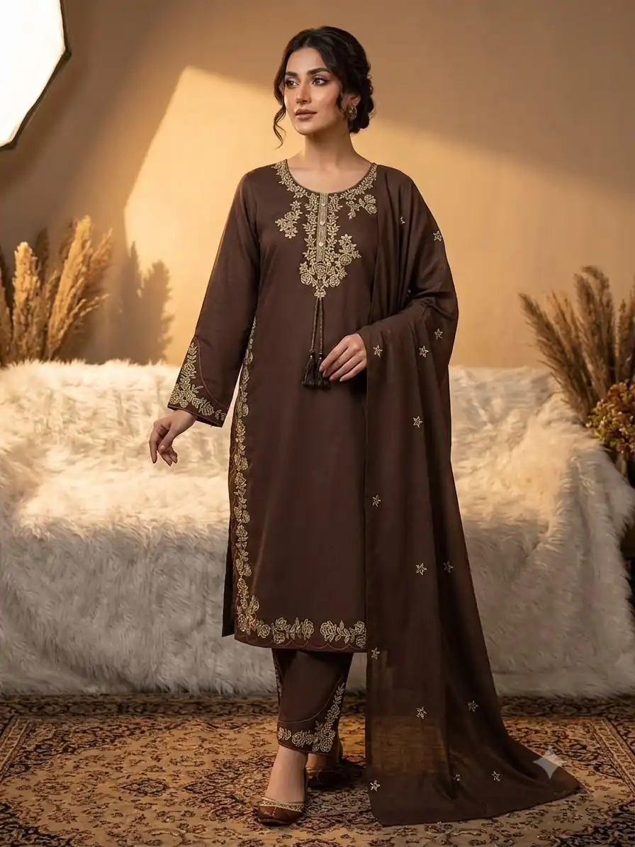 Shiny Brown Roman Silk Embroidery Work Salwar Suit