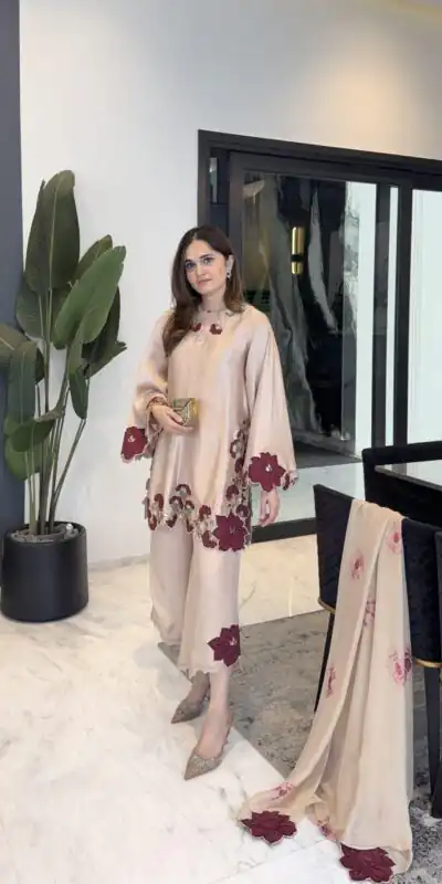 Shiny Light Pink Roman Glass Embroidery Work Salwar Suit