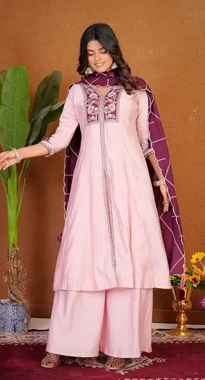 Shiny Pink Roman Silk Thread Work Salwar Suit