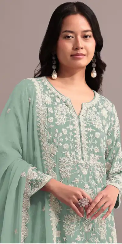 Alternative view of Shiny Pista Georgette Embroidery Lace Work Salwar Suit