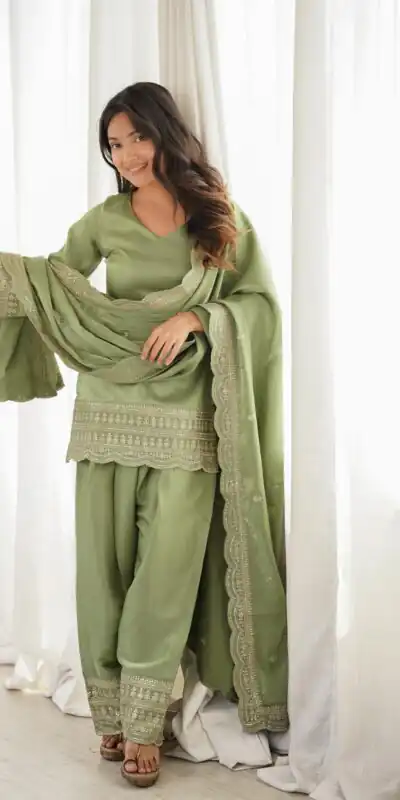 Shiny Pista Glass Roman Silk Embroider Work Salwar Suit