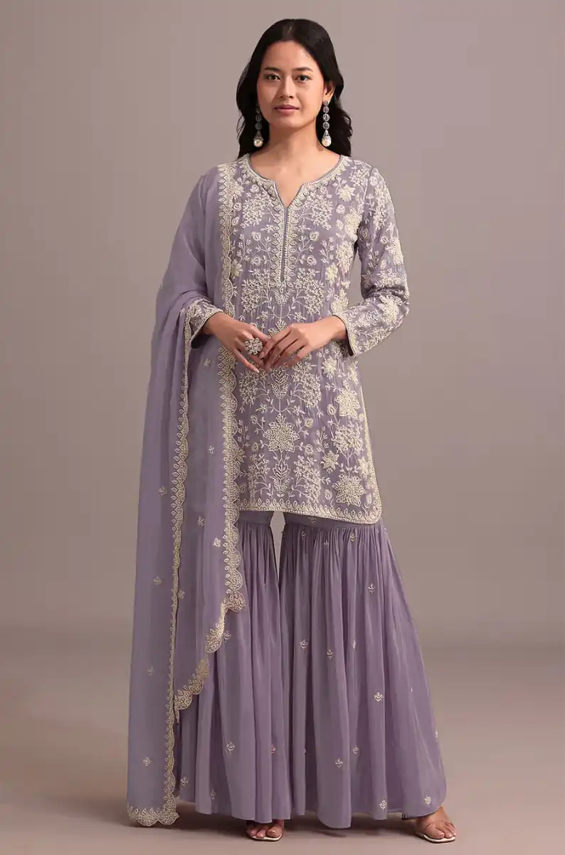 Shiny Purple Georgette Embroidery Lace Work Salwar Suit