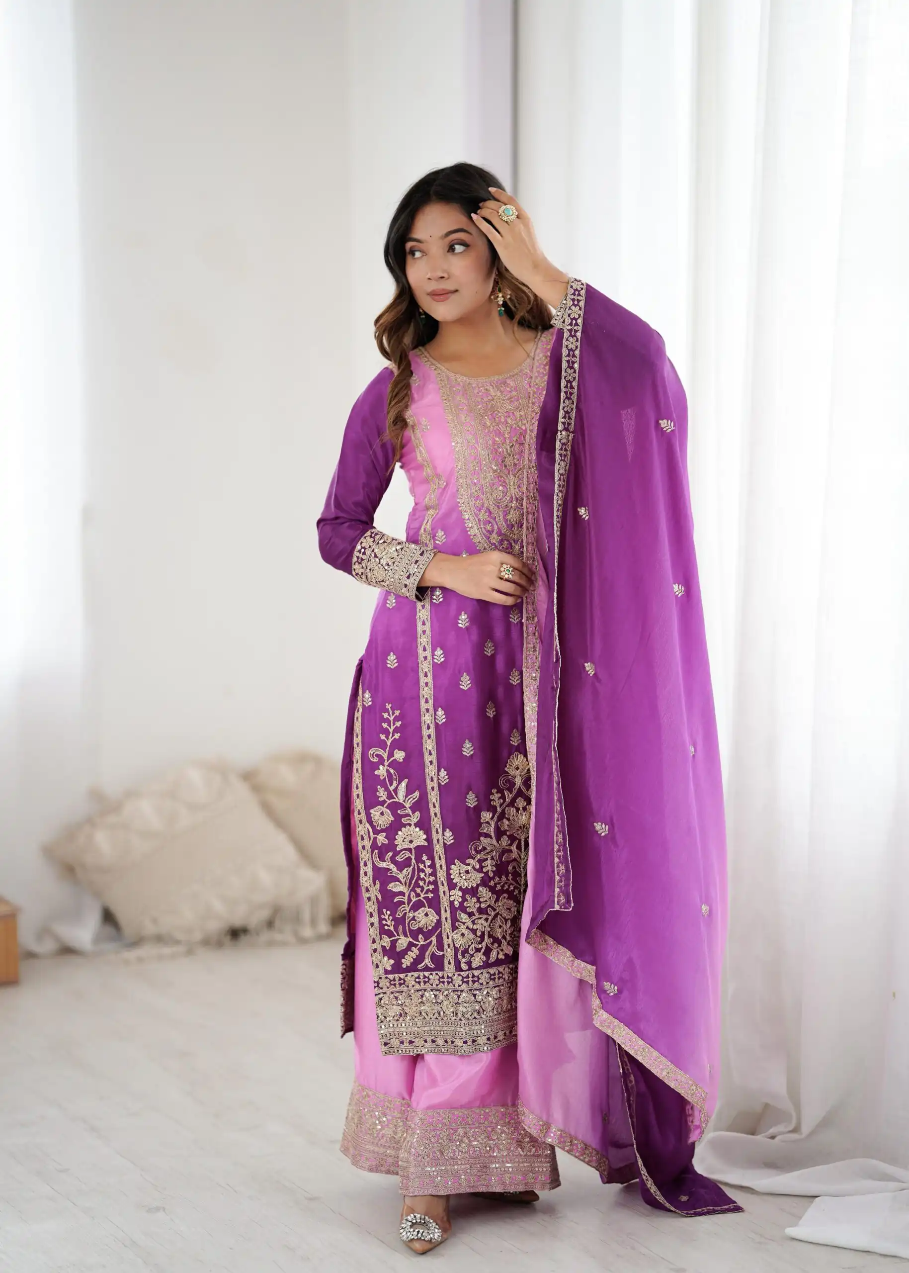 Shiny Purple Shaded Chinon Silk Embroidery Work Salwar Suit