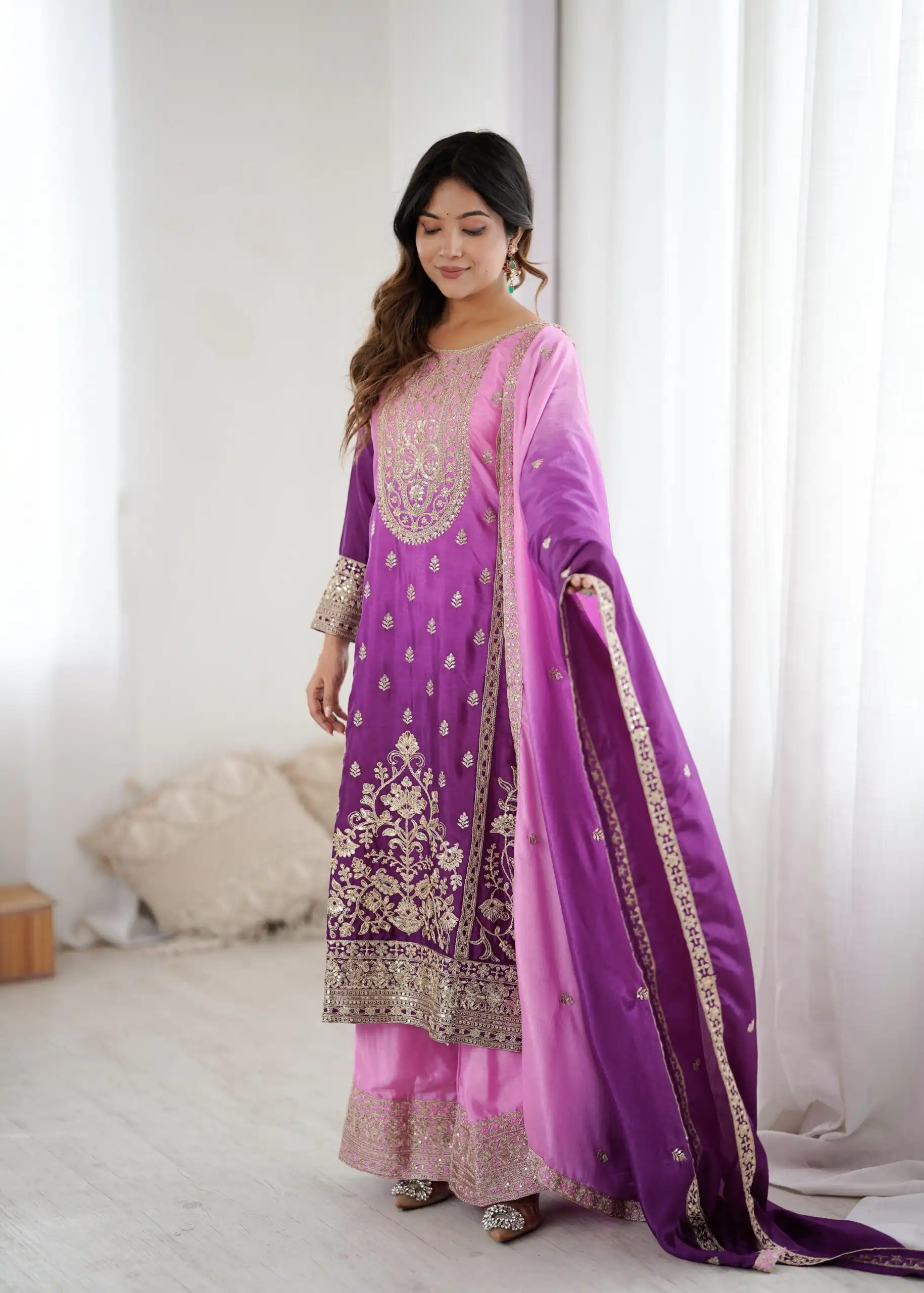 Shiny Purple Shaded Chinon Silk Embroidery Work Salwar Suit