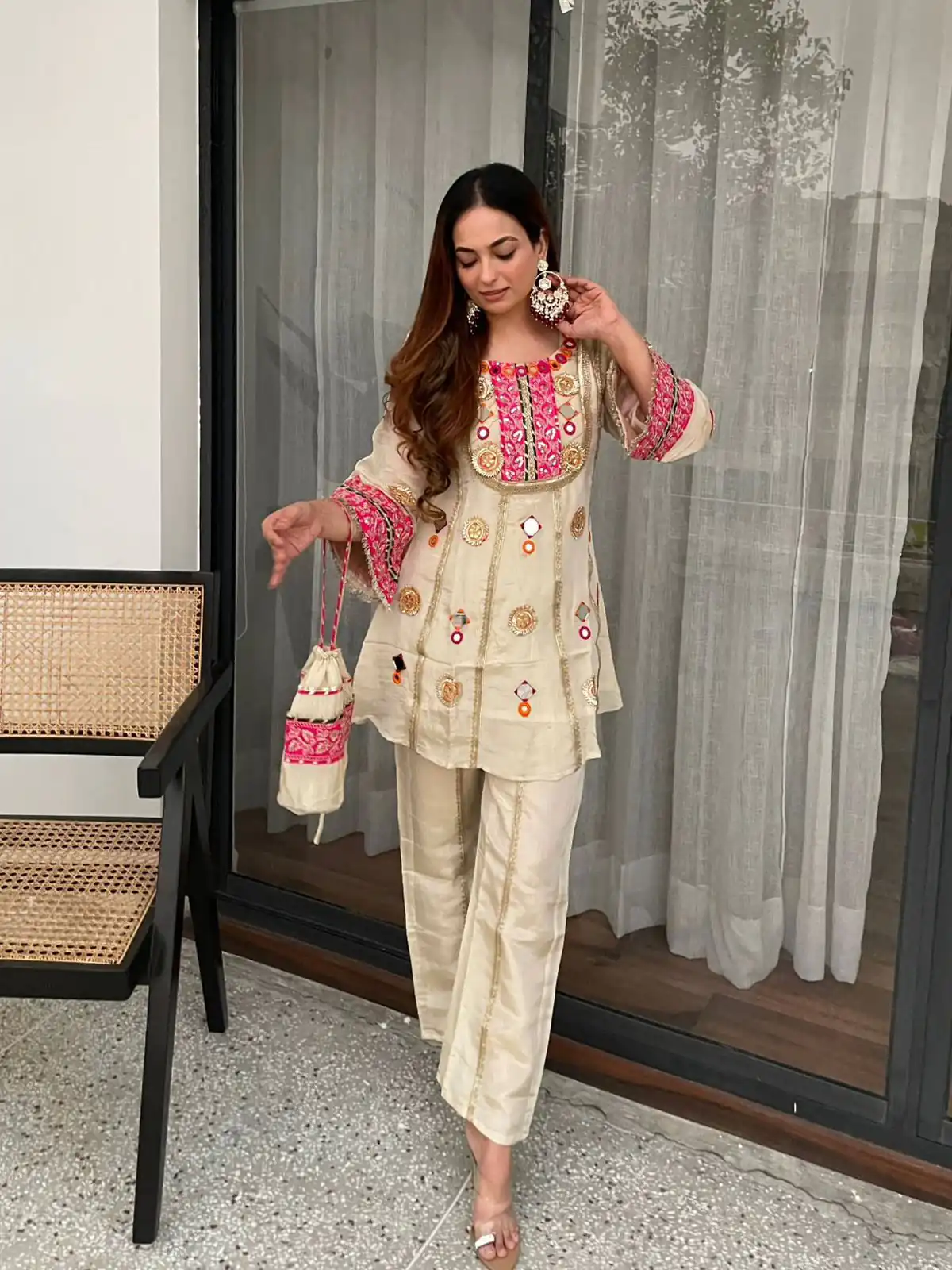 Simple Cream Cos Moss Mirror Embroidery Work Salwar Suit