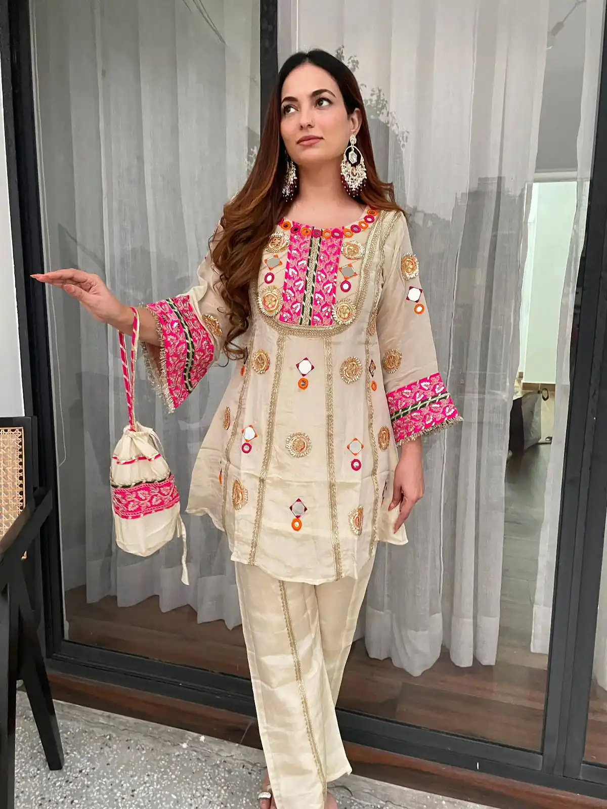 Simple Cream Cos Moss Mirror Embroidery Work Salwar Suit