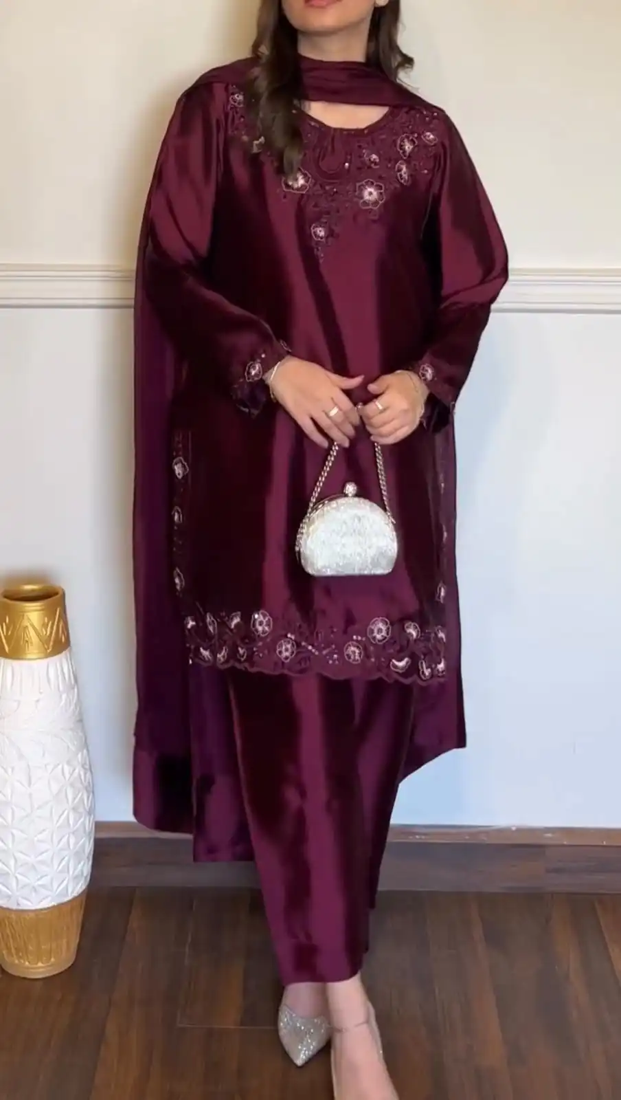 Solid Wine American Silk Sequence Work Salwar Suit