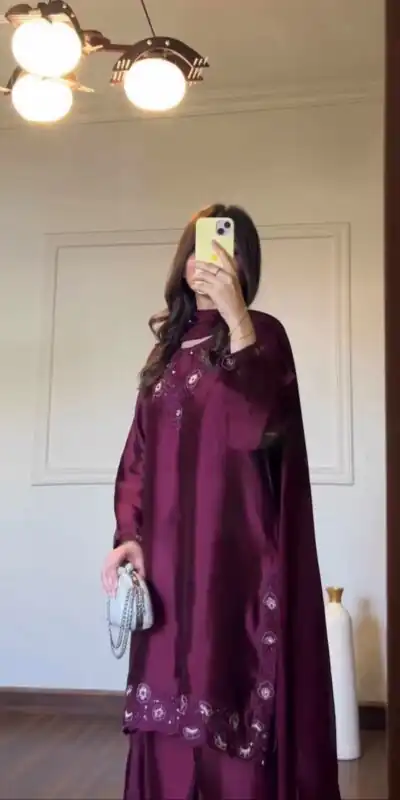 Solid Wine American Silk Sequence Work Salwar Suit