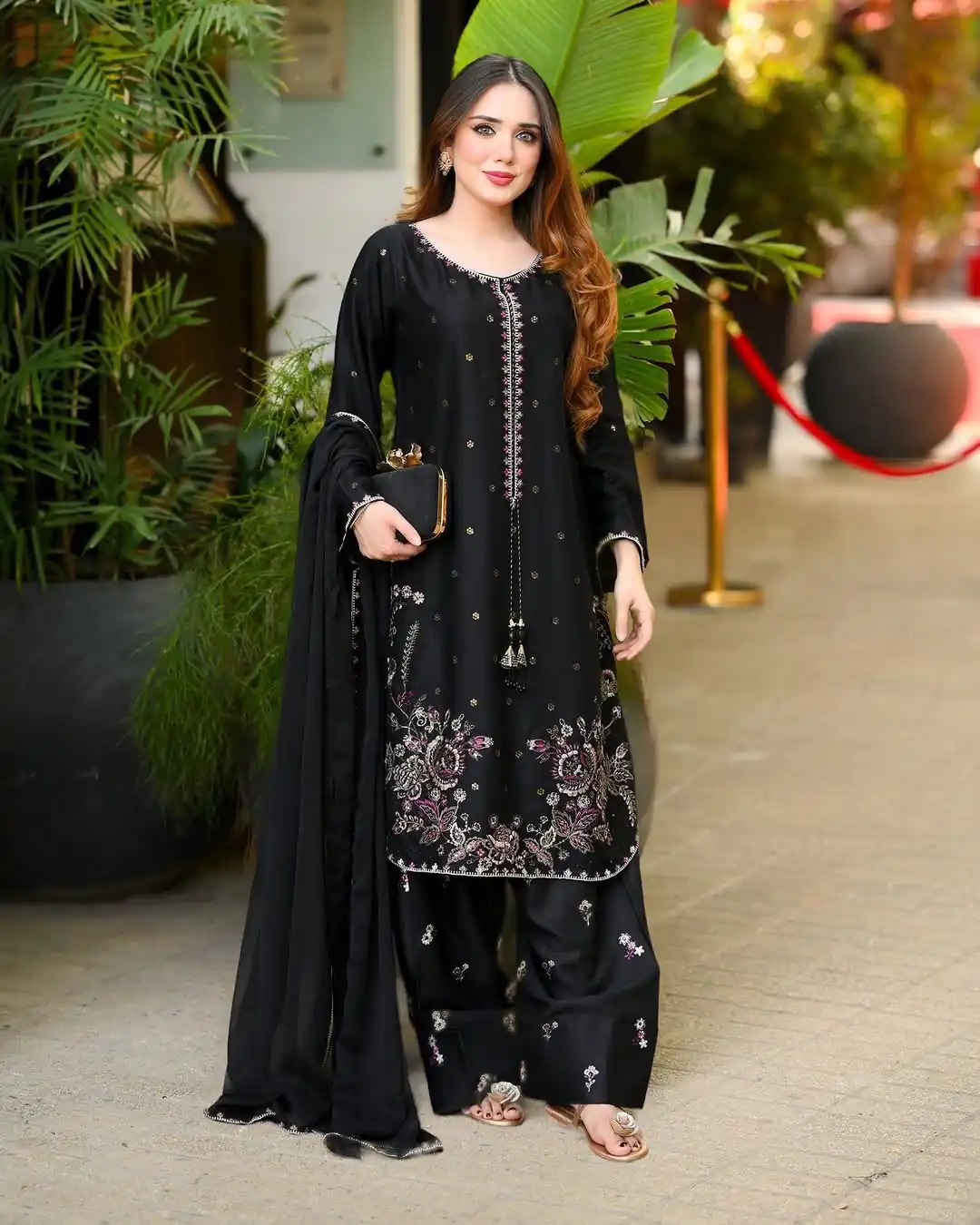 Special Black Satin Glass Embroidery Thread Work Salwar Suit