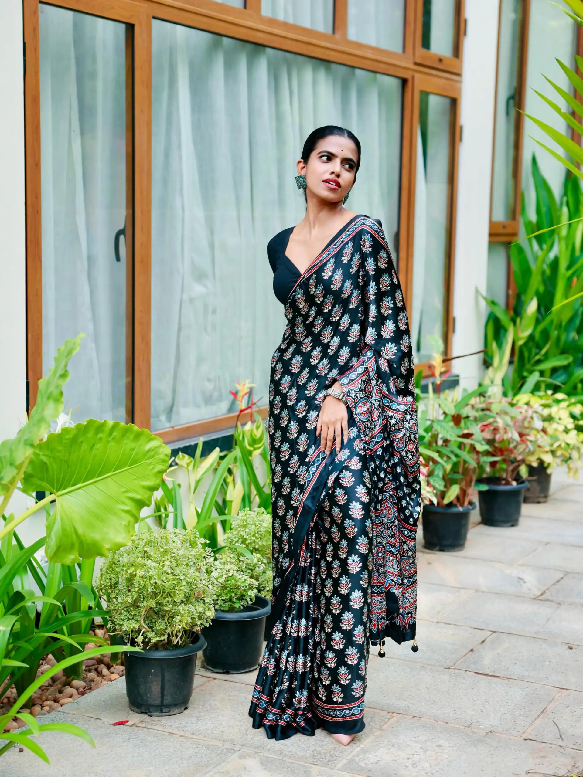 Stunning Black Soft Satin Crap Real Mirror Work Saree