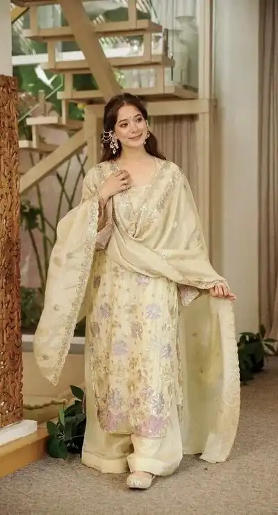 Stunning Cream Vichitra Silk Thread Work Salwar Suit