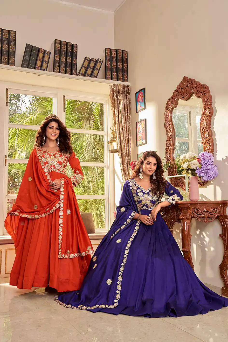 Stunning Orange Vichitra Embroider Work Gown
