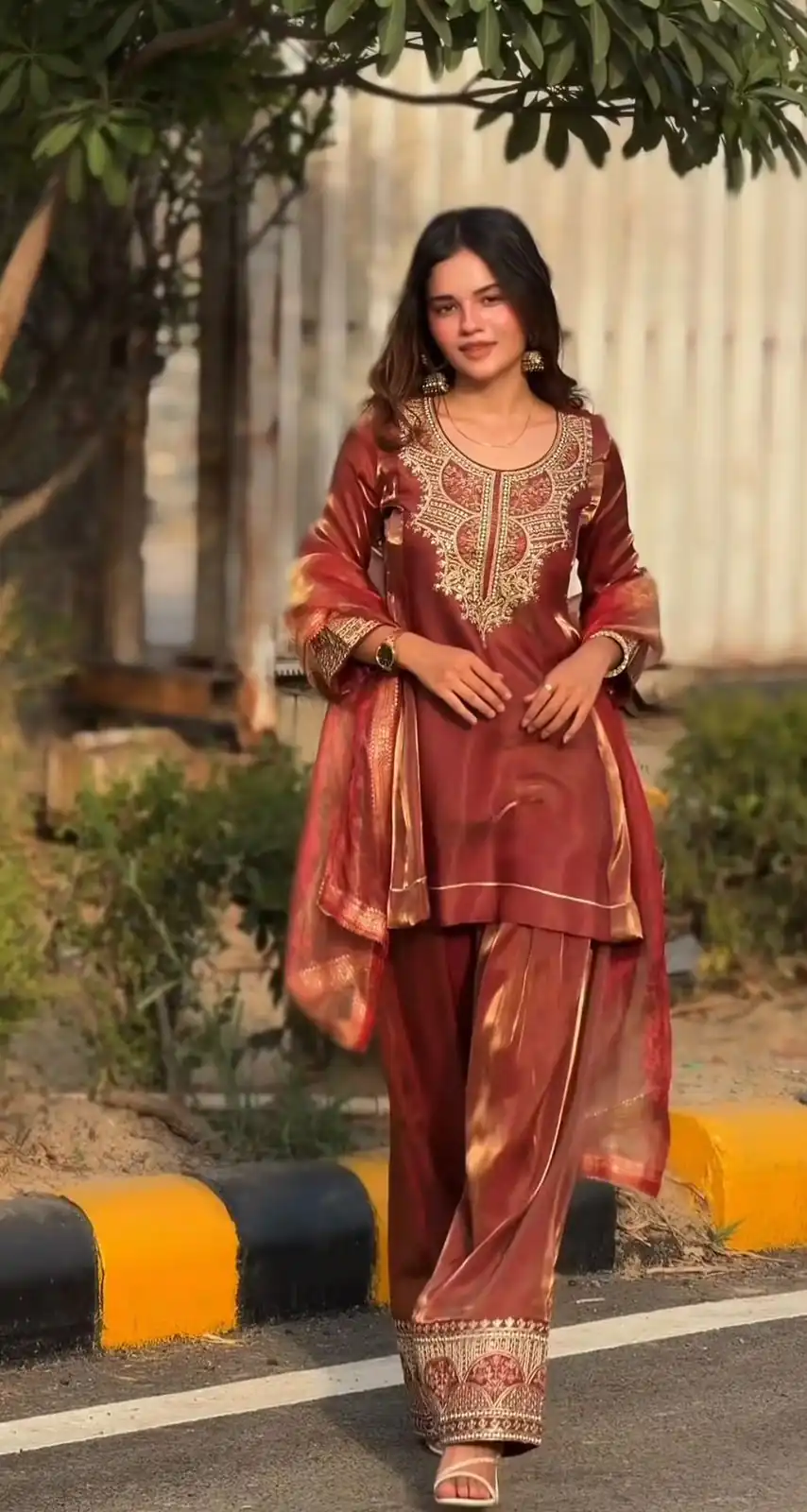 Stunning Rust Fandy Silk Embroidery Work Salwar Suit