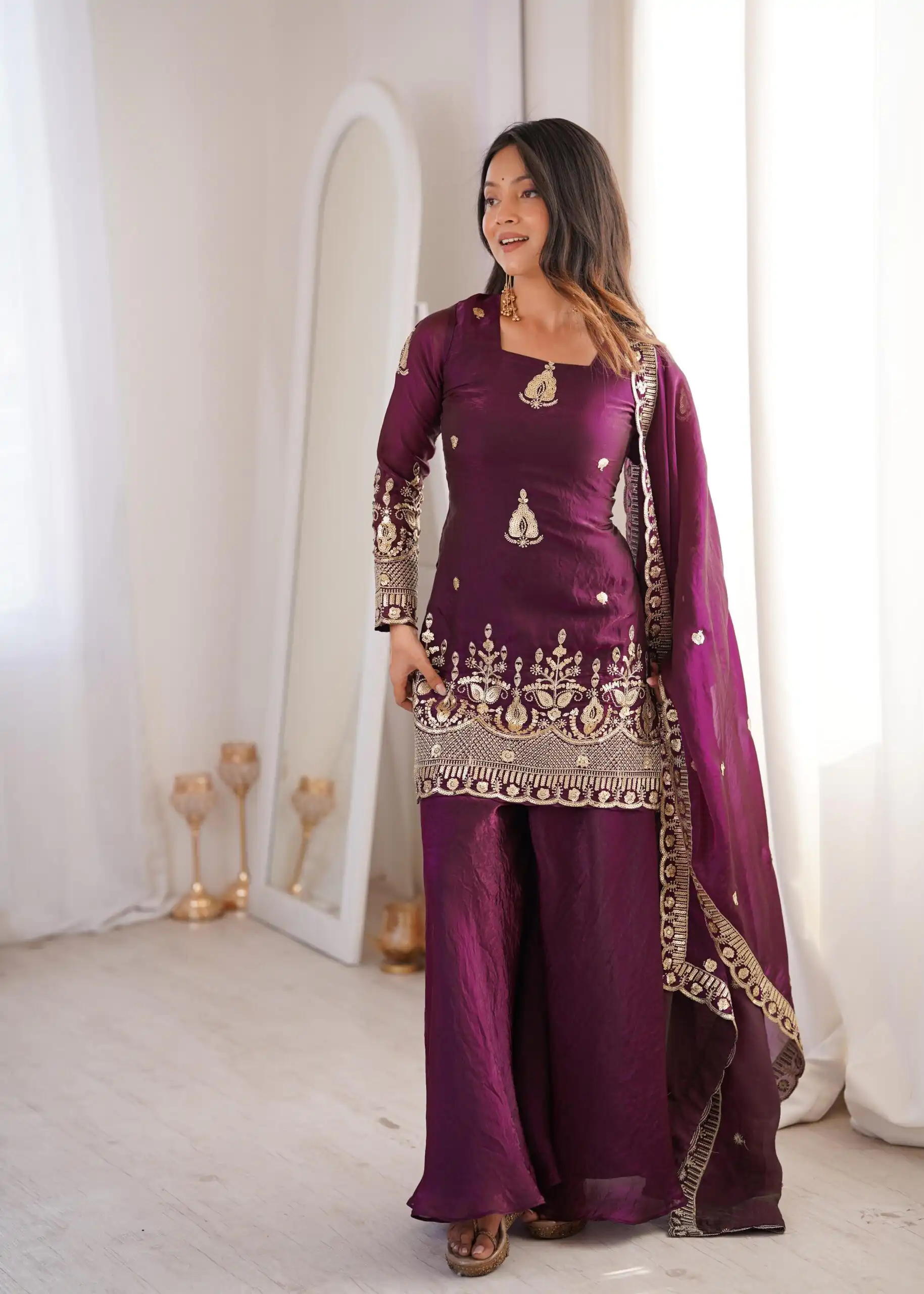 Stunning Wine Fendy Silk Embroidery Work Salwar Suit