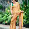Stunning Yellow Soft Satin Crap Real Mirror Work Saree