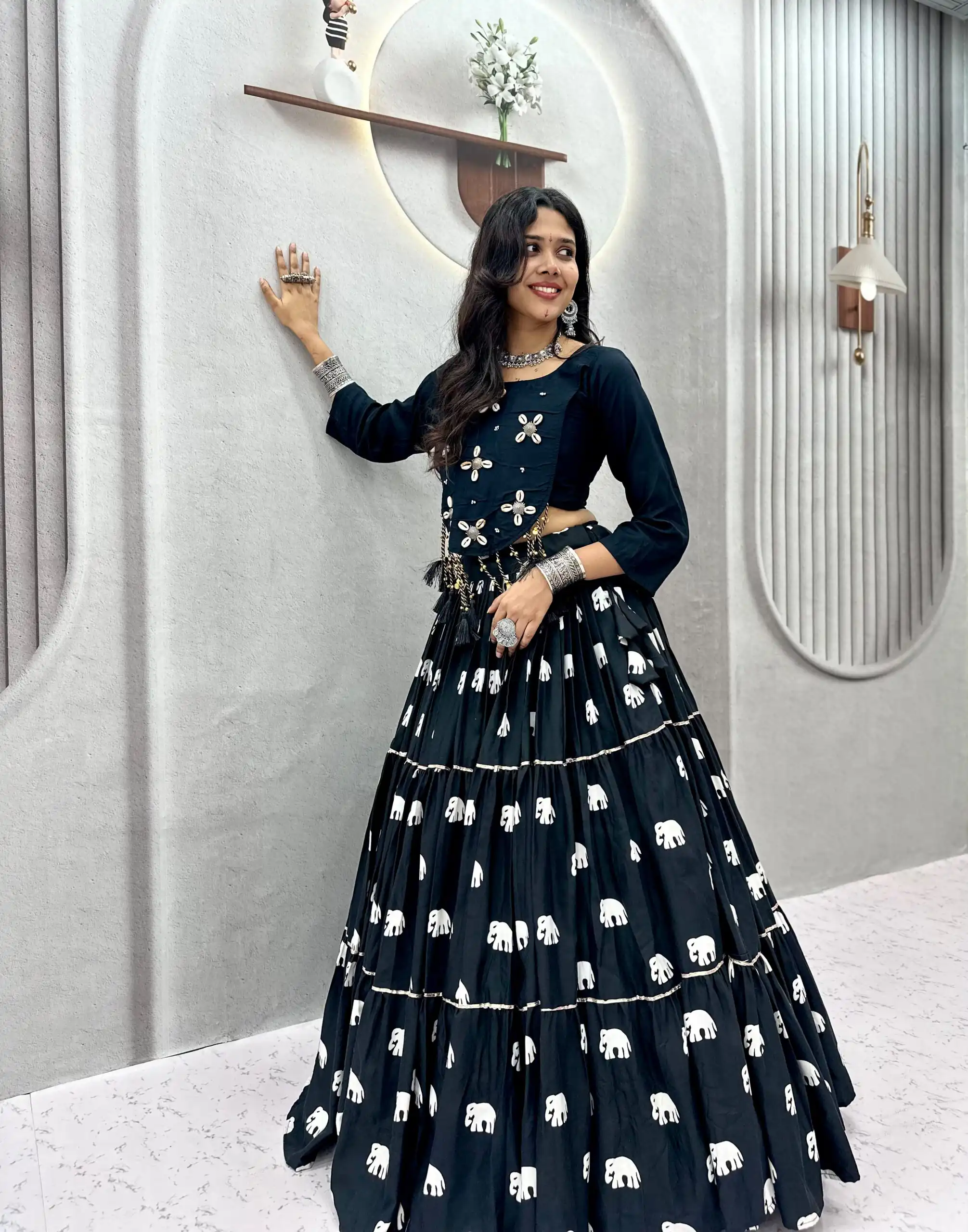 Stylish Black Pure Cotton Cowrie Work Lehenga Choli