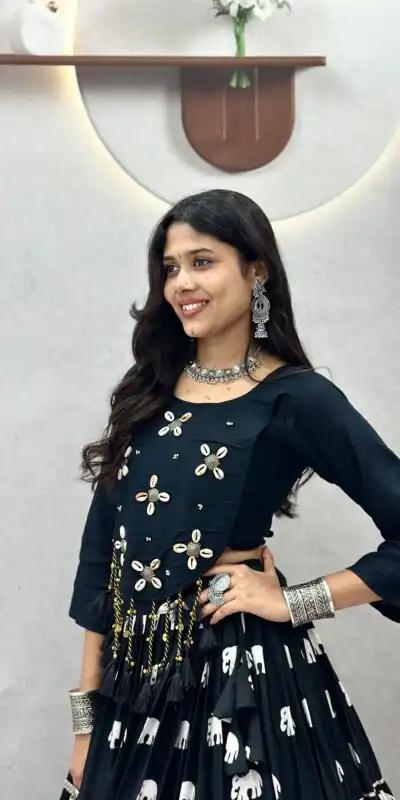 Stylish Black Pure Cotton Cowrie Work Lehenga Choli