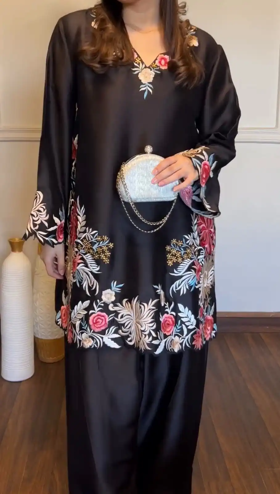 Stylist Black Rayon Satin Thread Work Salwar Suit