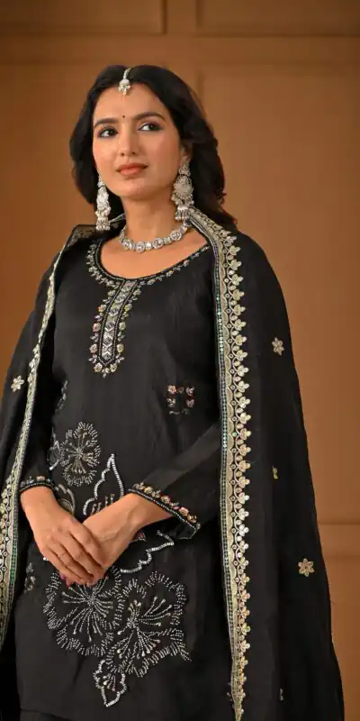 Super Black Vichitra Silk Embroidery Hand Work Salwar Suit