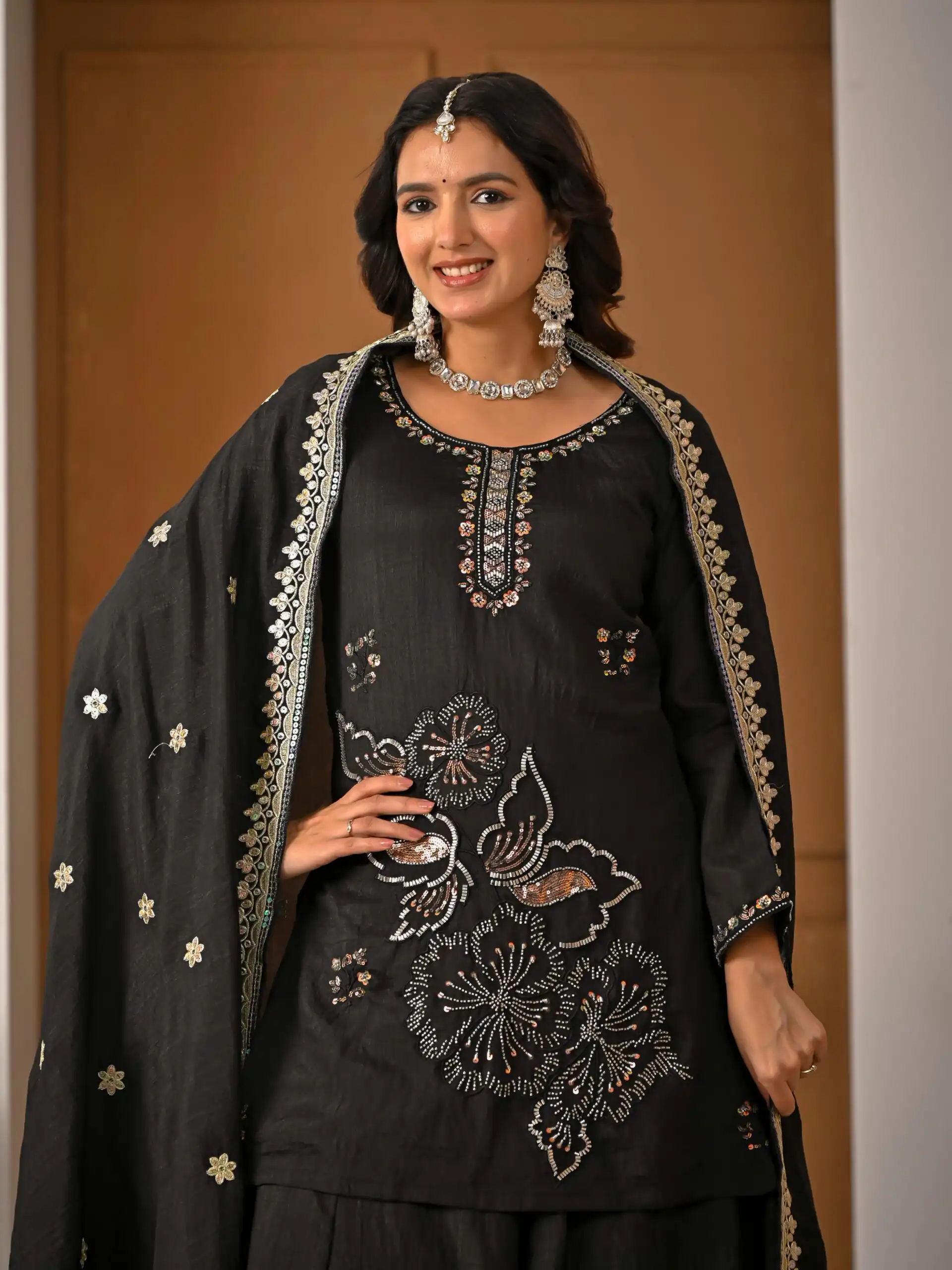 Super Black Vichitra Silk Embroidery Hand Work Salwar Suit