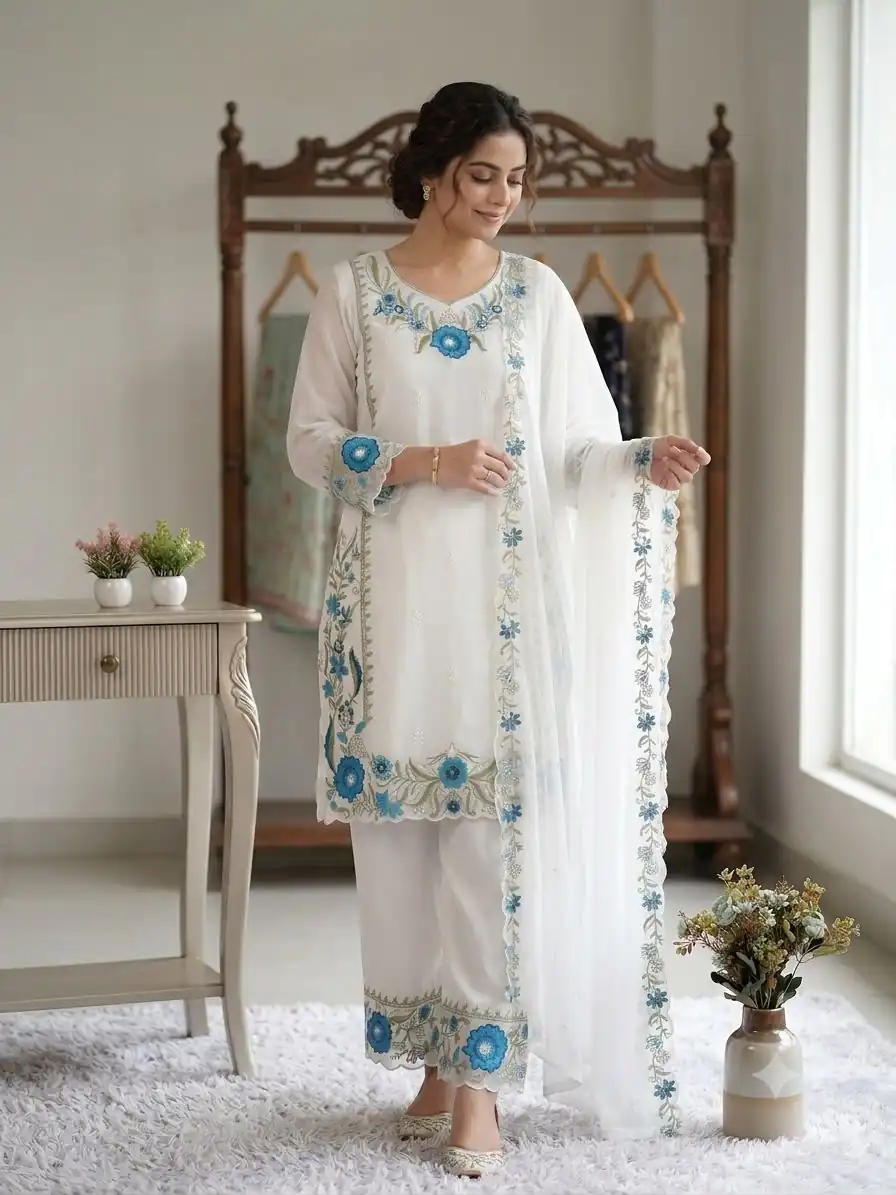 Super Blue Fox Georgette With Embroidery Work Salwar Suit