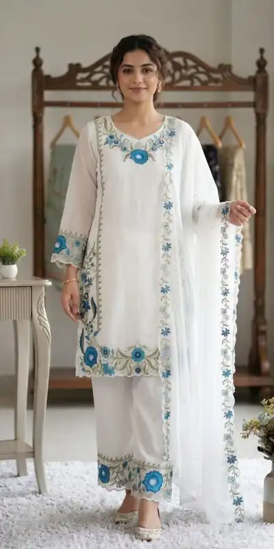 Super Blue Fox Georgette With Embroidery Work Salwar Suit
