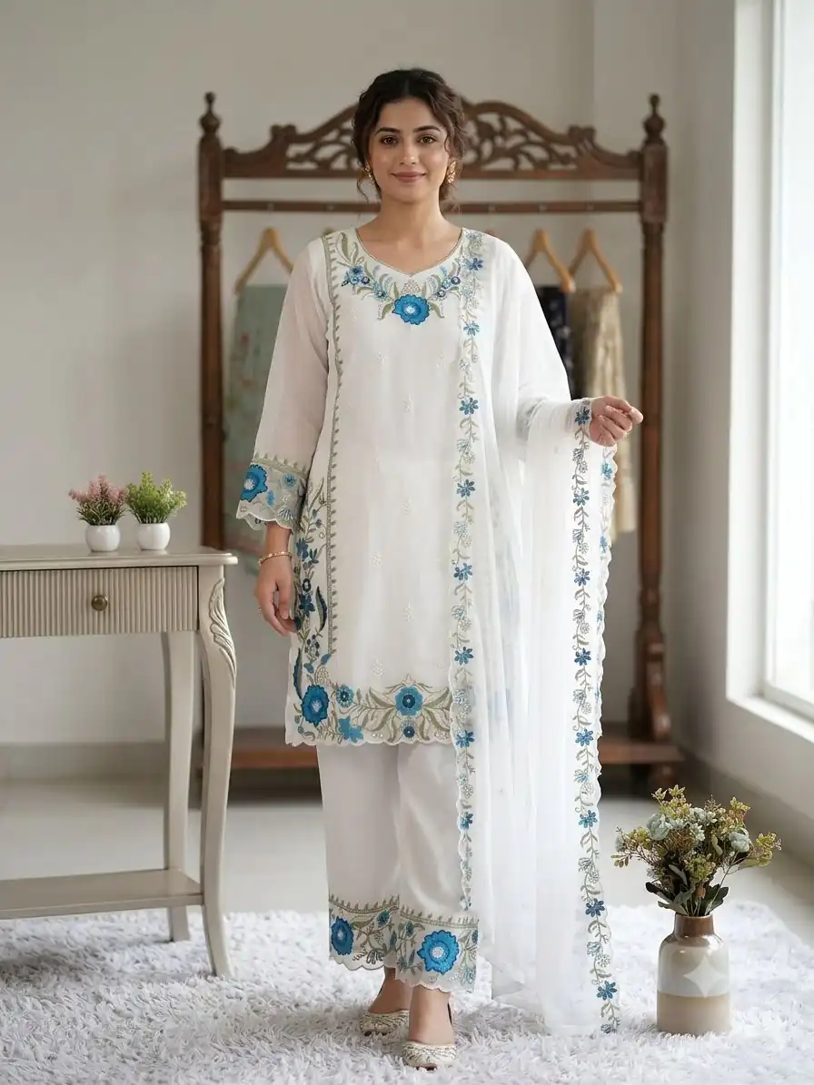 Super Blue Fox Georgette With Embroidery Work Salwar Suit