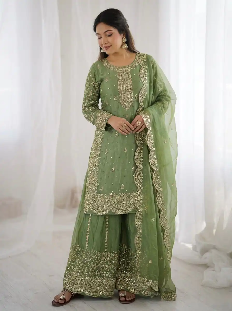 Super Green Fendy Silk Embroidery Work Salwar Suit
