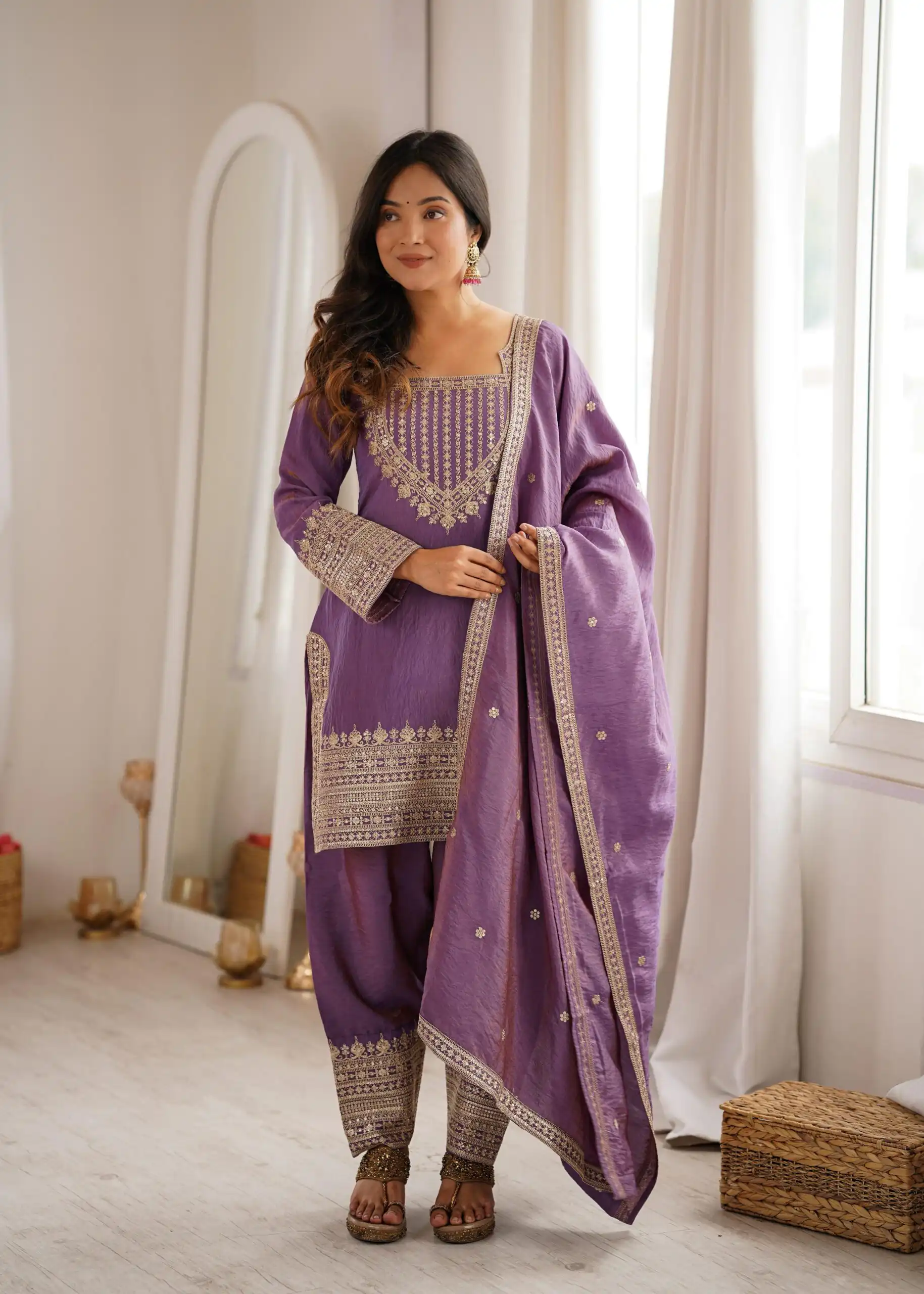 Super Onion Vichitra Silk Embroidery Work Salwar Suit