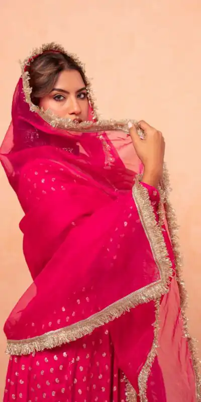 Super Pink Chanderi Jacquard Mirror Work Salwar Suit Suit