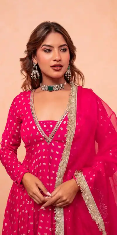 Super Pink Chanderi Jacquard Mirror Work Salwar Suit Suit