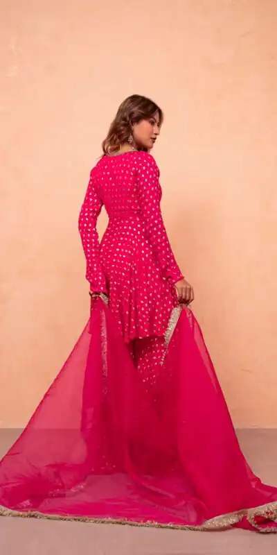 Super Pink Chanderi Jacquard Mirror Work Salwar Suit Suit