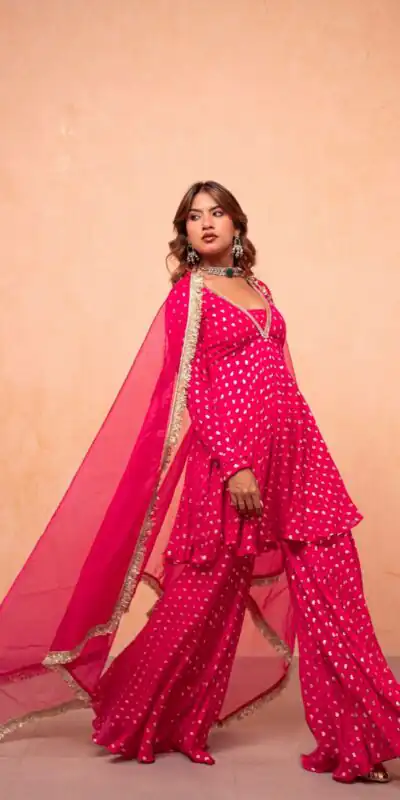 Super Pink Chanderi Jacquard Mirror Work Salwar Suit Suit