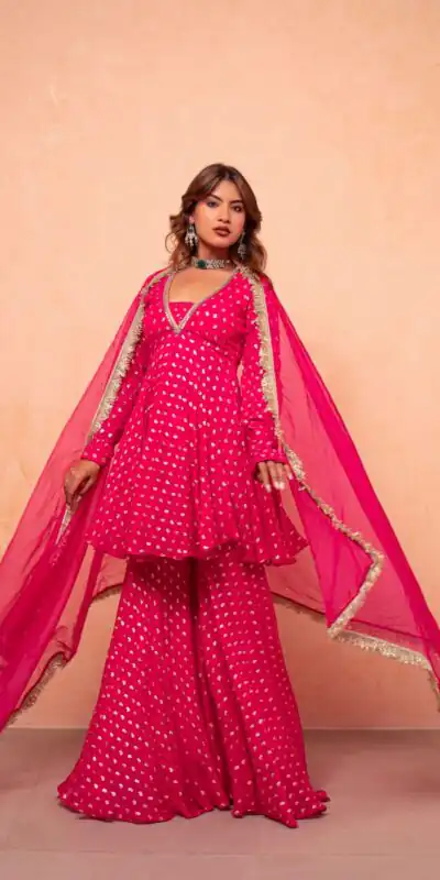 Super Pink Chanderi Jacquard Mirror Work Salwar Suit Suit