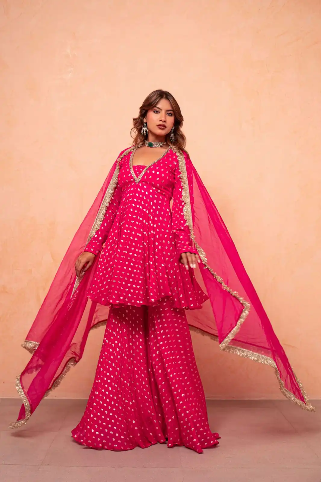 Super Pink Chanderi Jacquard Mirror Work Salwar Suit Suit