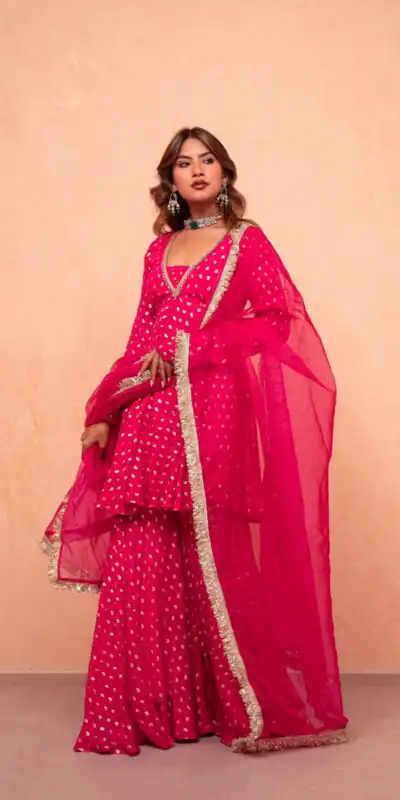 Super Pink Chanderi Jacquard Mirror Work Salwar Suit Suit