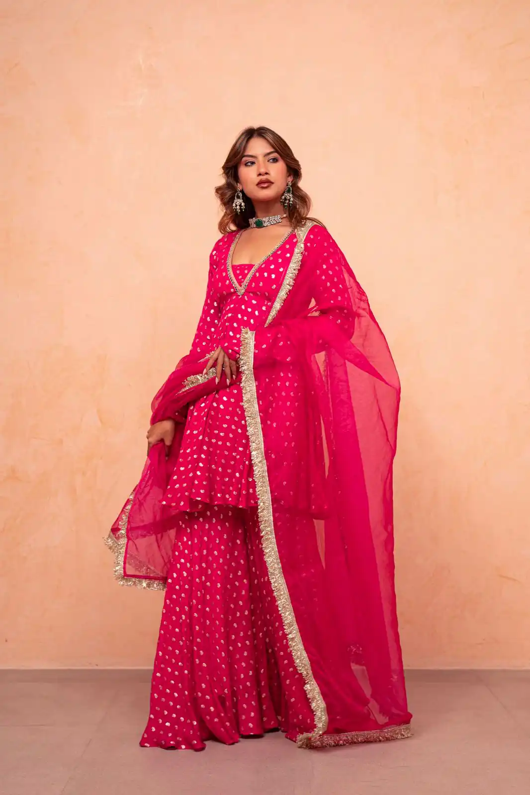 Super Pink Chanderi Jacquard Mirror Work Salwar Suit Suit
