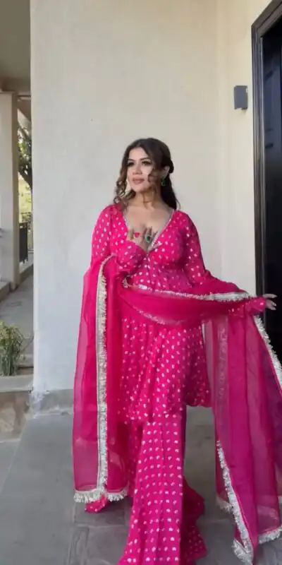 Super Pink Chanderi Jacquard Mirror Work Salwar Suit Suit