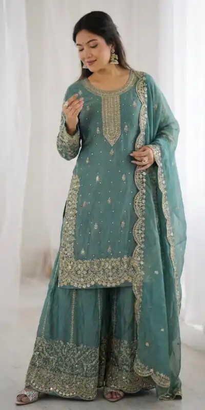 Super Sea Green Fendy Silk Embroidery Work Salwar Suit