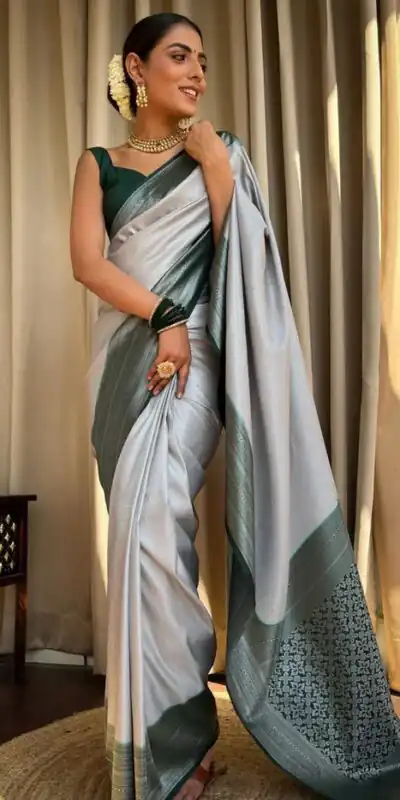 Super Silver Lichi Silk Jacquard Work Saree