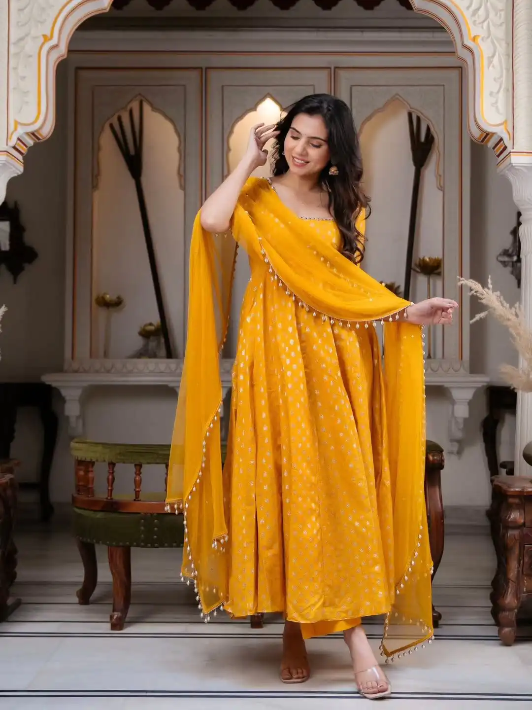 Super Yellow Chanderi Jacquard Butti Mirror Work Anarkali Suit
