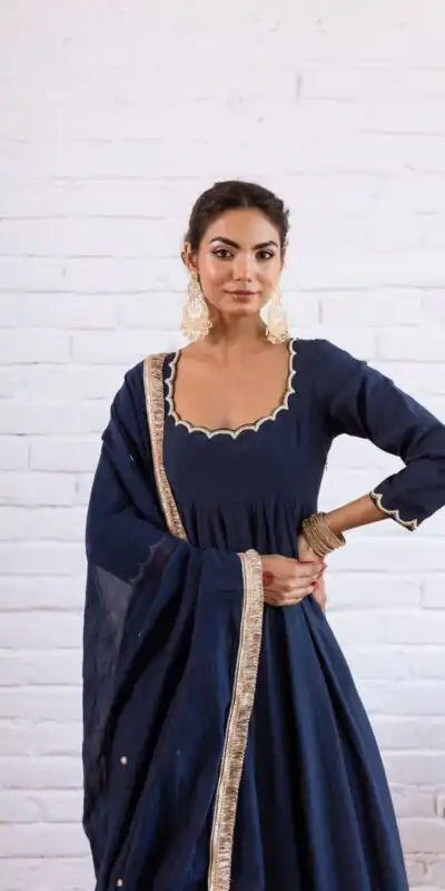 Superb Navy Blue Vichitra Silk Bead Lace Work Gown