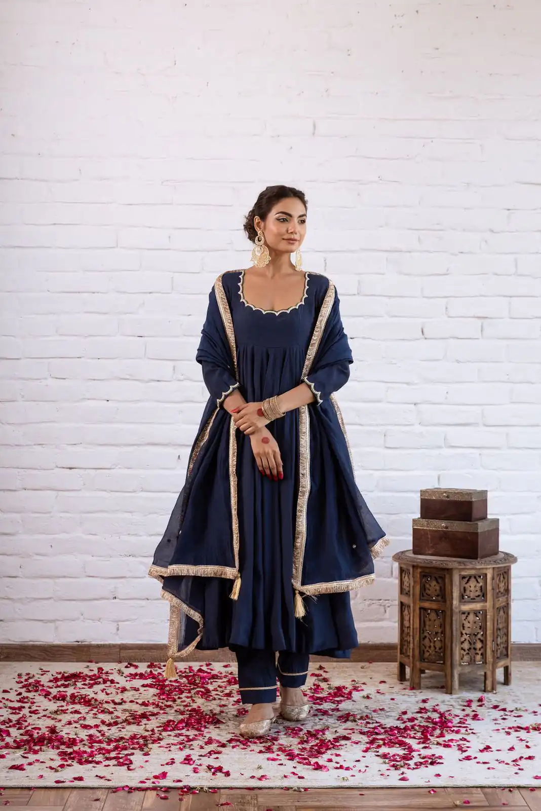 Superb Navy Blue Vichitra Silk Bead Lace Work Gown