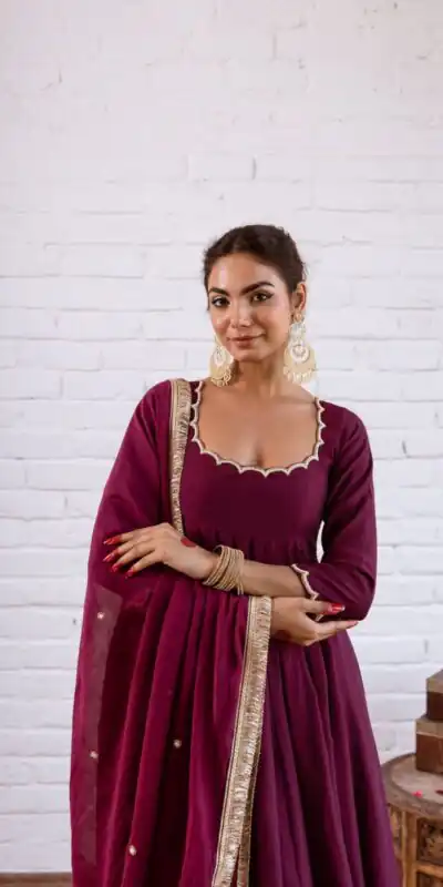 Superb Wine Vichitra Silk Bead Lace Work Gown