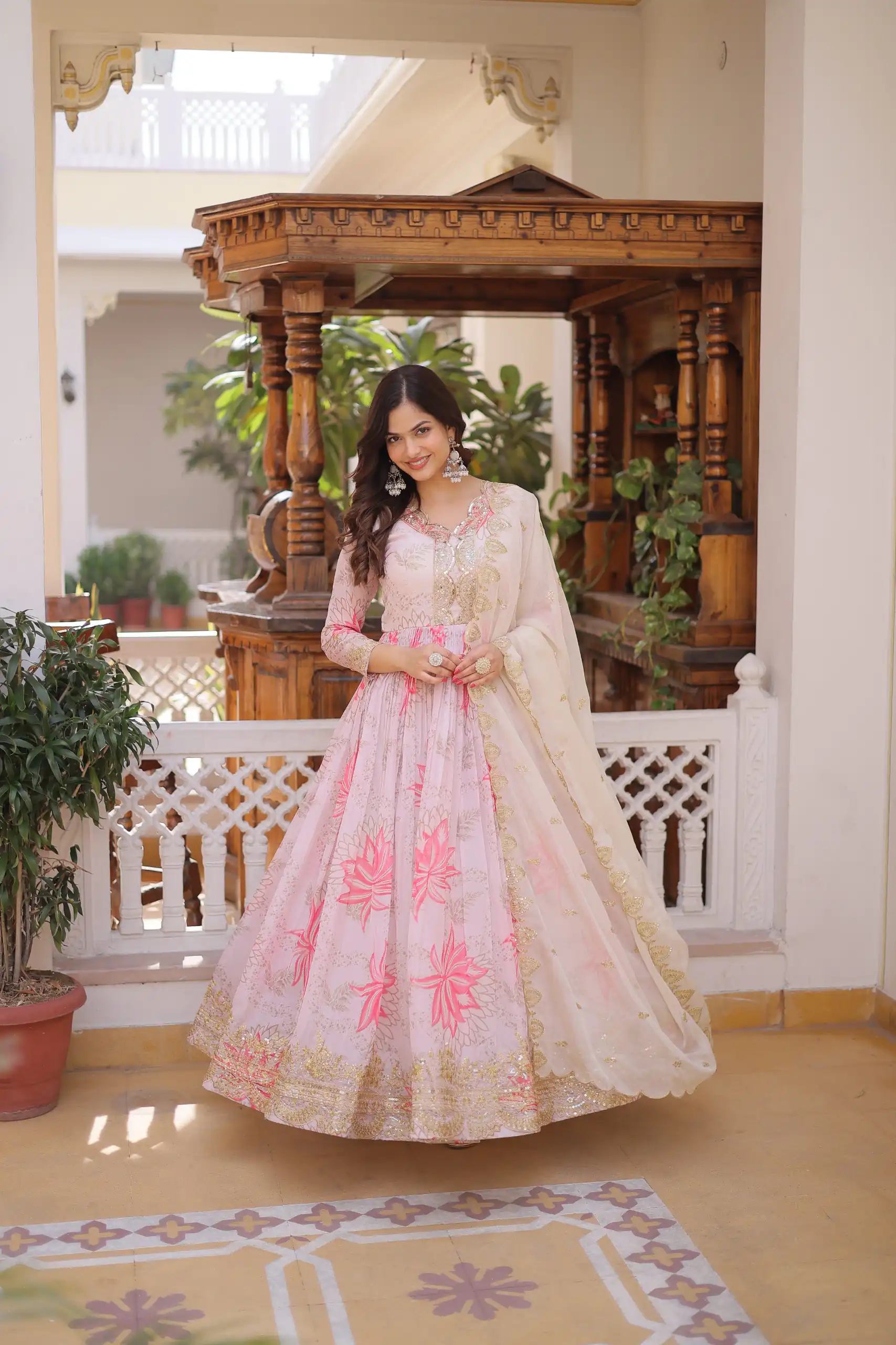 Traditional Cream Russian Silk Embroidery Work Gown