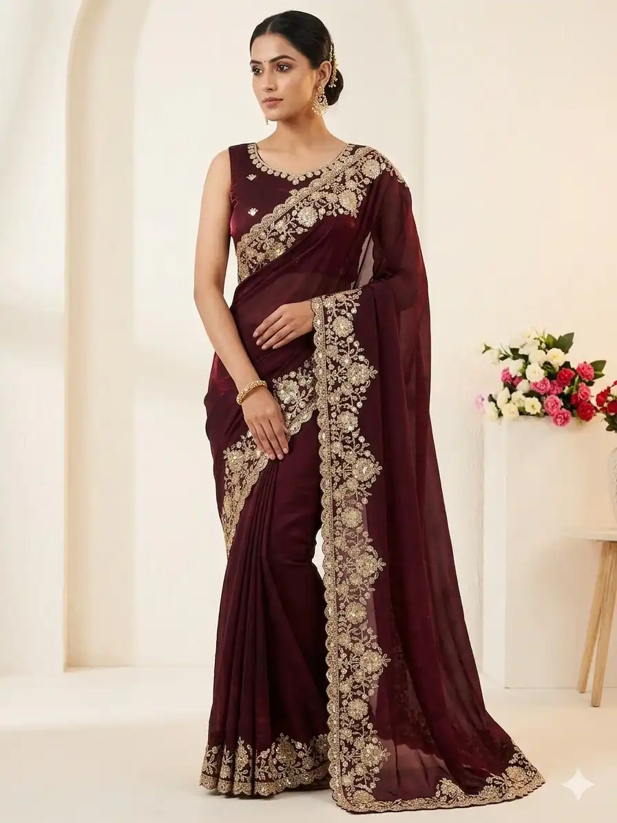 Trendy Maroon Space Silk Embroidery Zari Work Saree