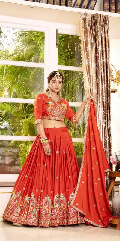Trendy Orange Crap Silk Embroidery Work Lehenga Choli
